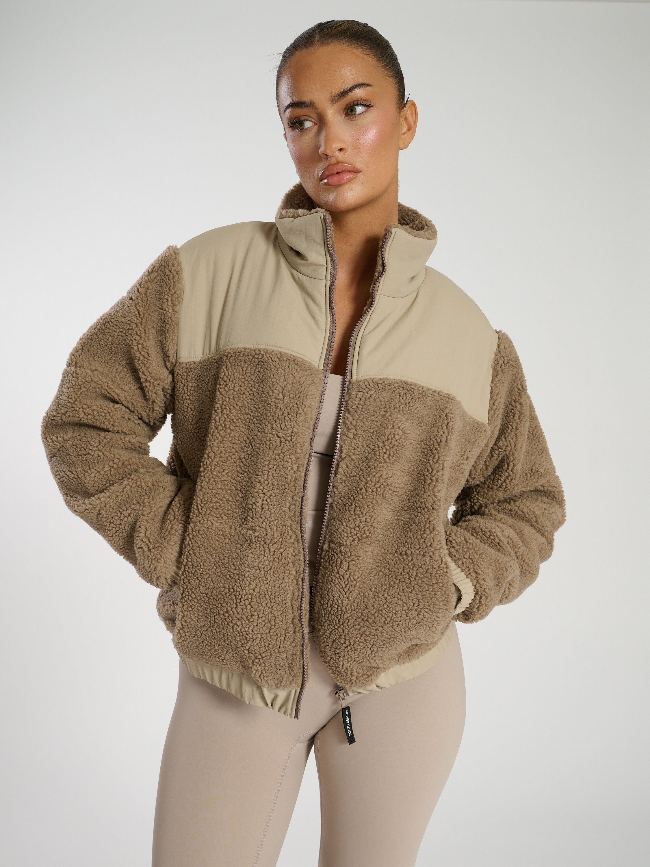 SOUTH BEACH COLD OUTSIDE COSY ZIP UP TEDDY PADDED JACKET IN TAUPE