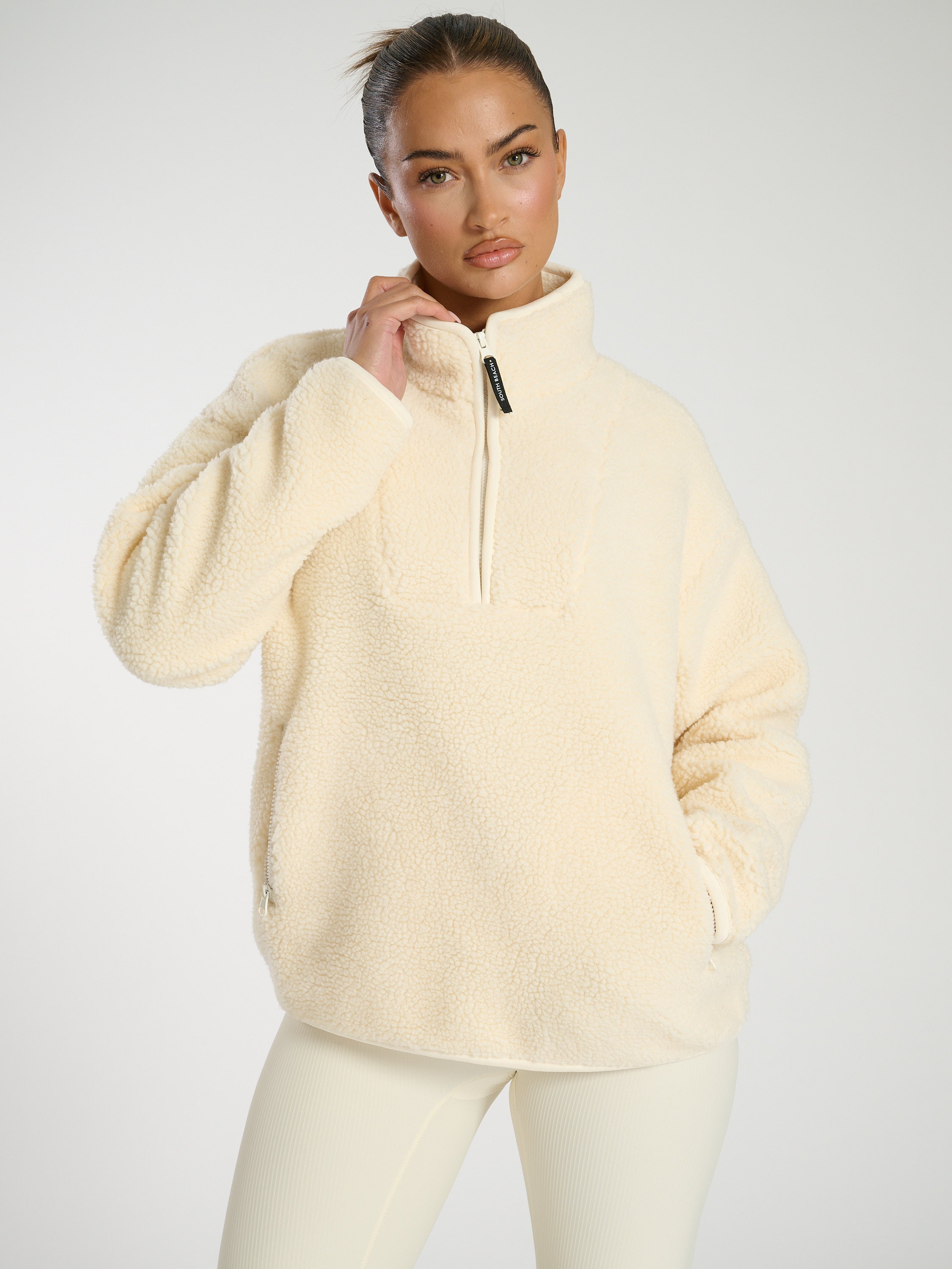 Borg Fleece Cream Fleece Pullover SOUTH BEACH TEDDY 3/4 ZIP BORG
