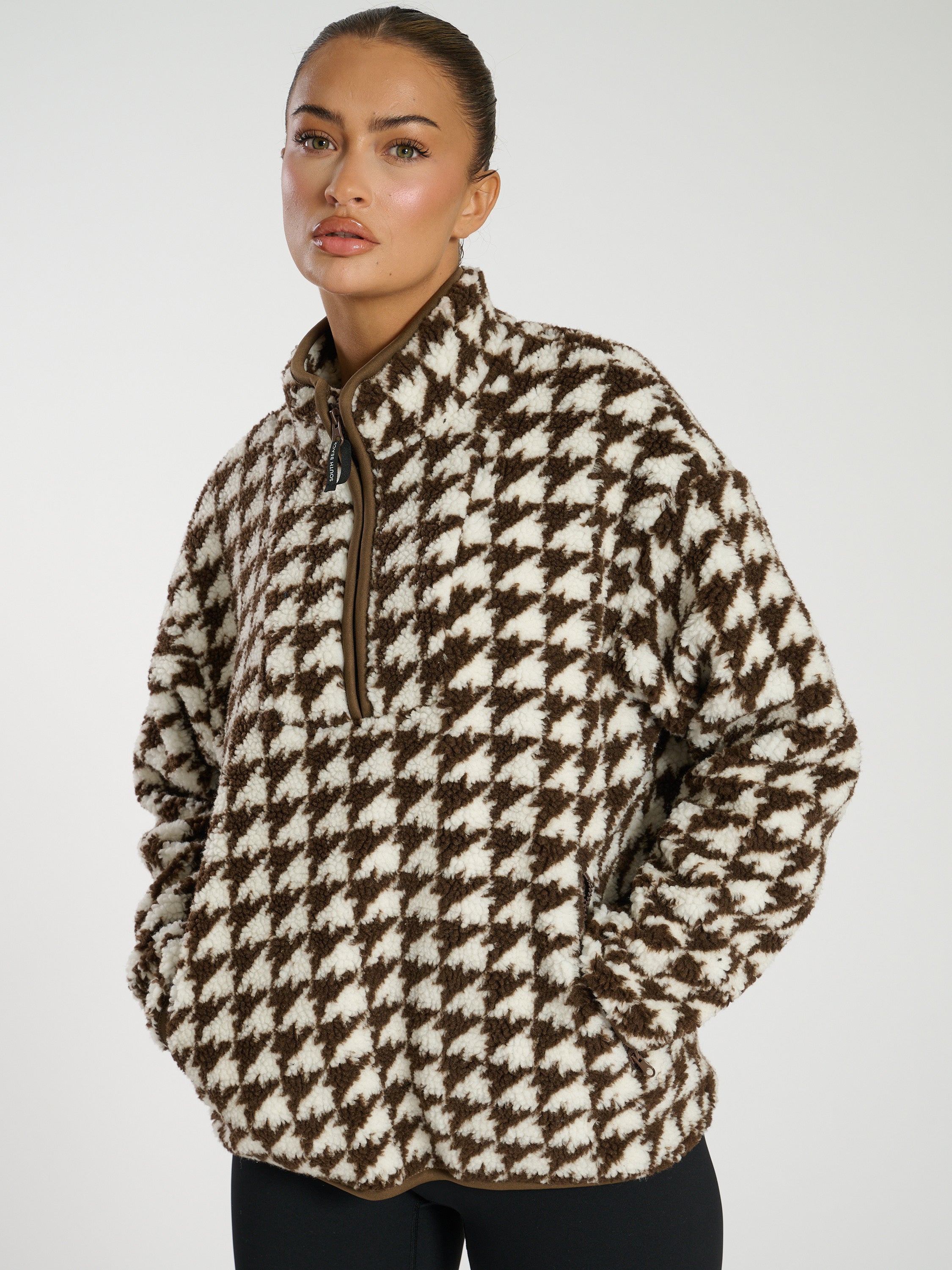 SOUTH BEACH TEDDY 3/4 BORG SWEATER IN CREAM AND CHOCOLATE