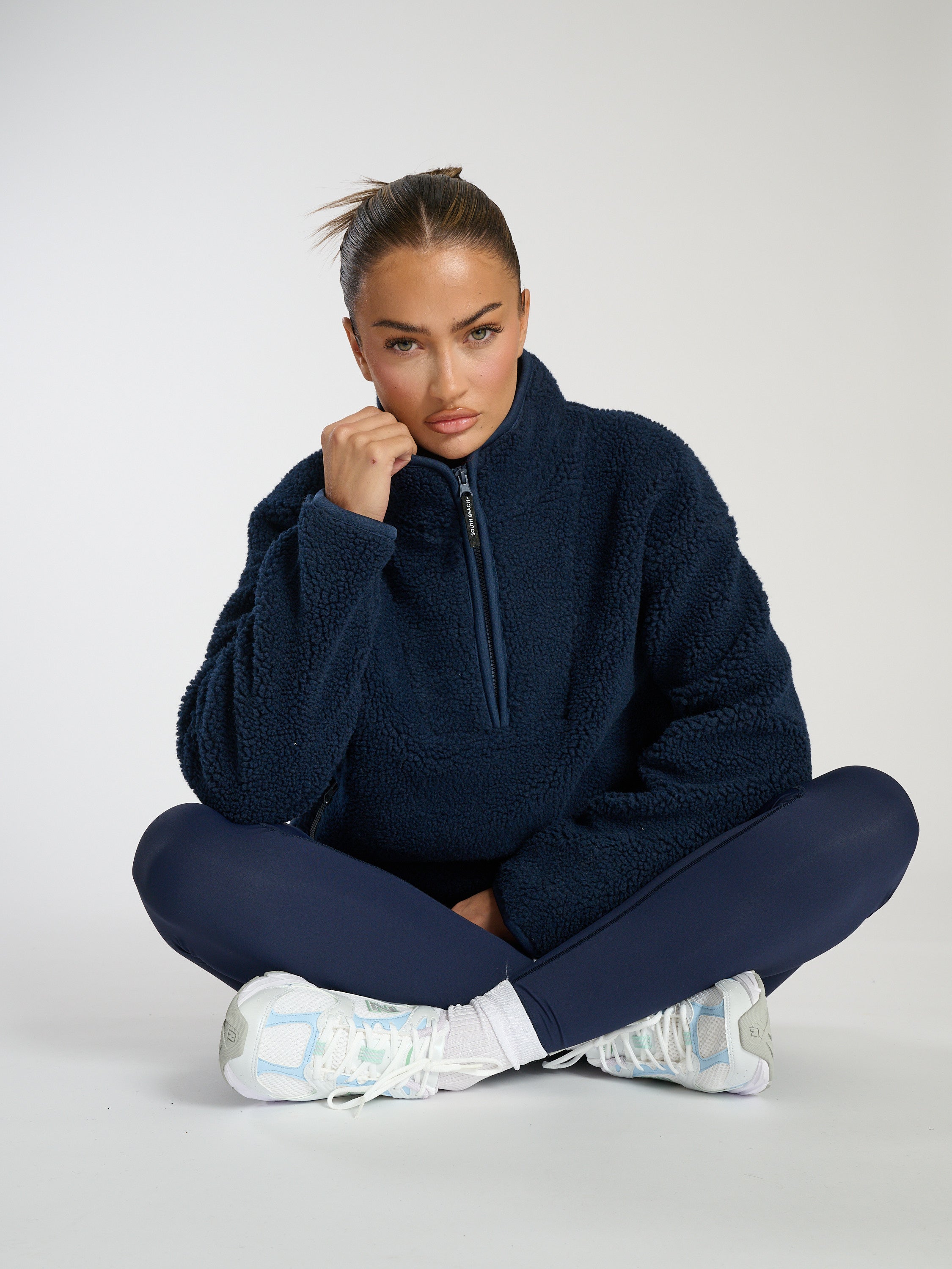 SOUTH BEACH TEDDY 3/4 ZIP BORG SWEATER IN NAVY – South Beach