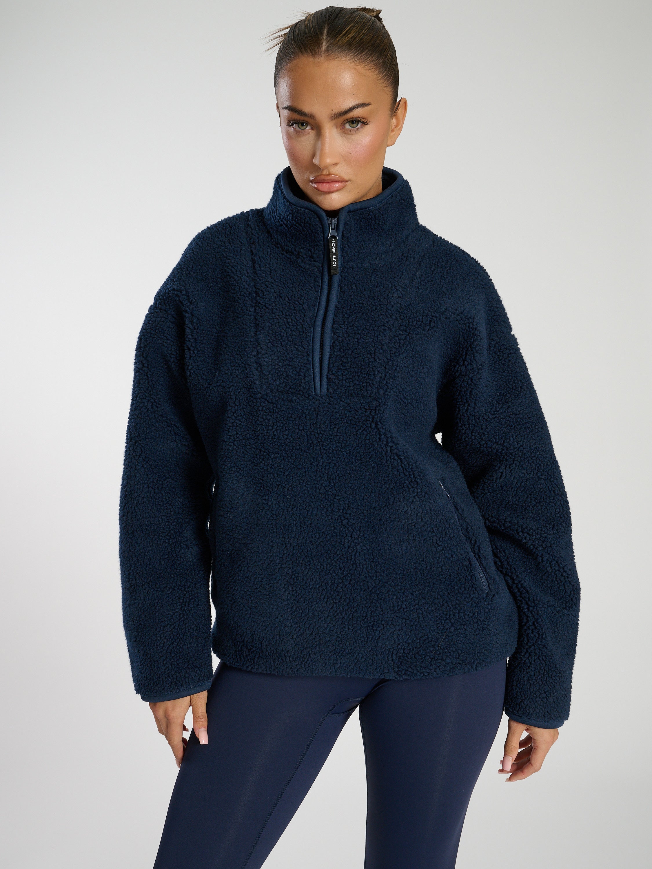 SOUTH BEACH TEDDY 3 4 ZIP BORG SWEATER IN NAVY South Beach