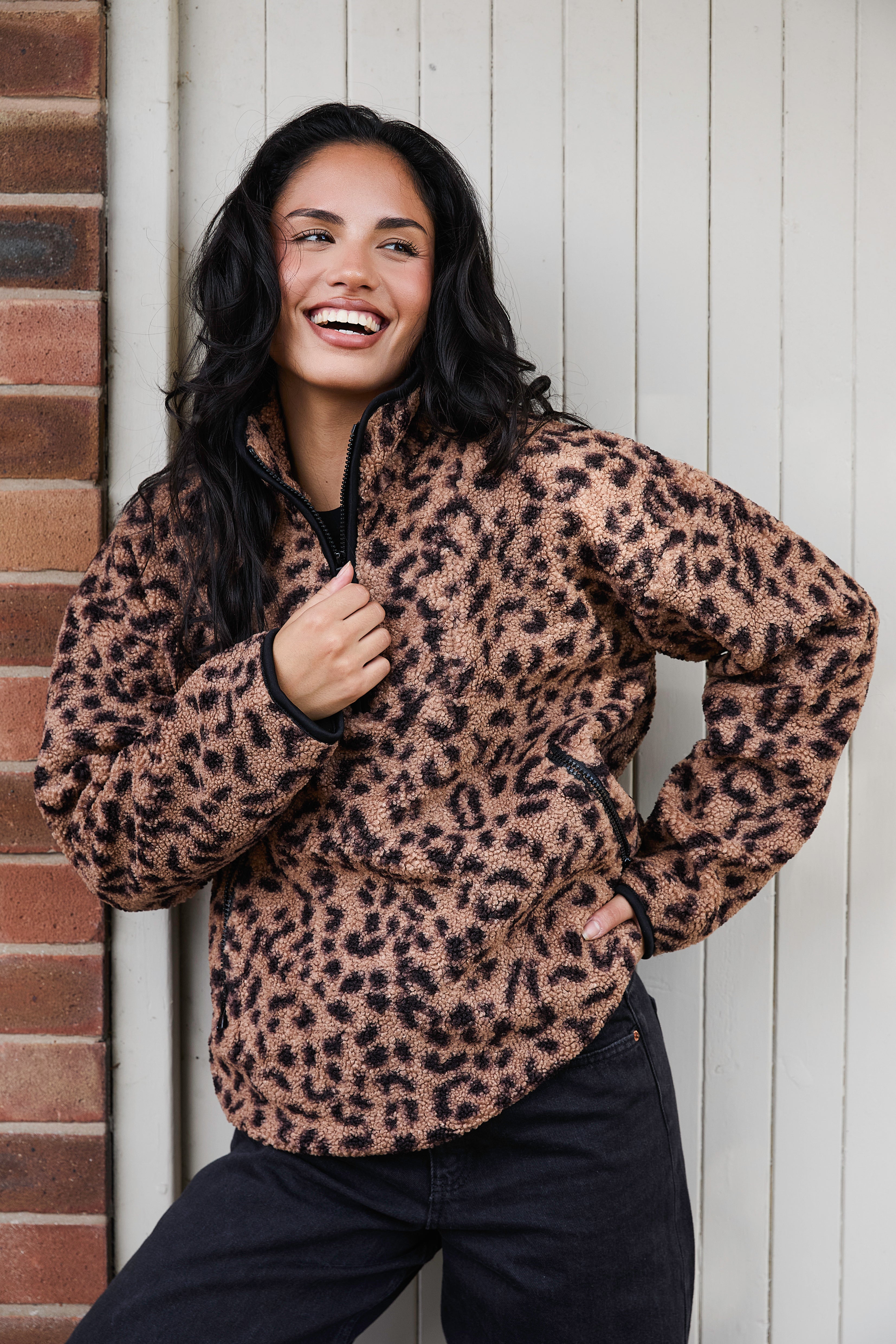 The Teddy 1/4 Zip in Brown Leopard – South Beach - Main Image