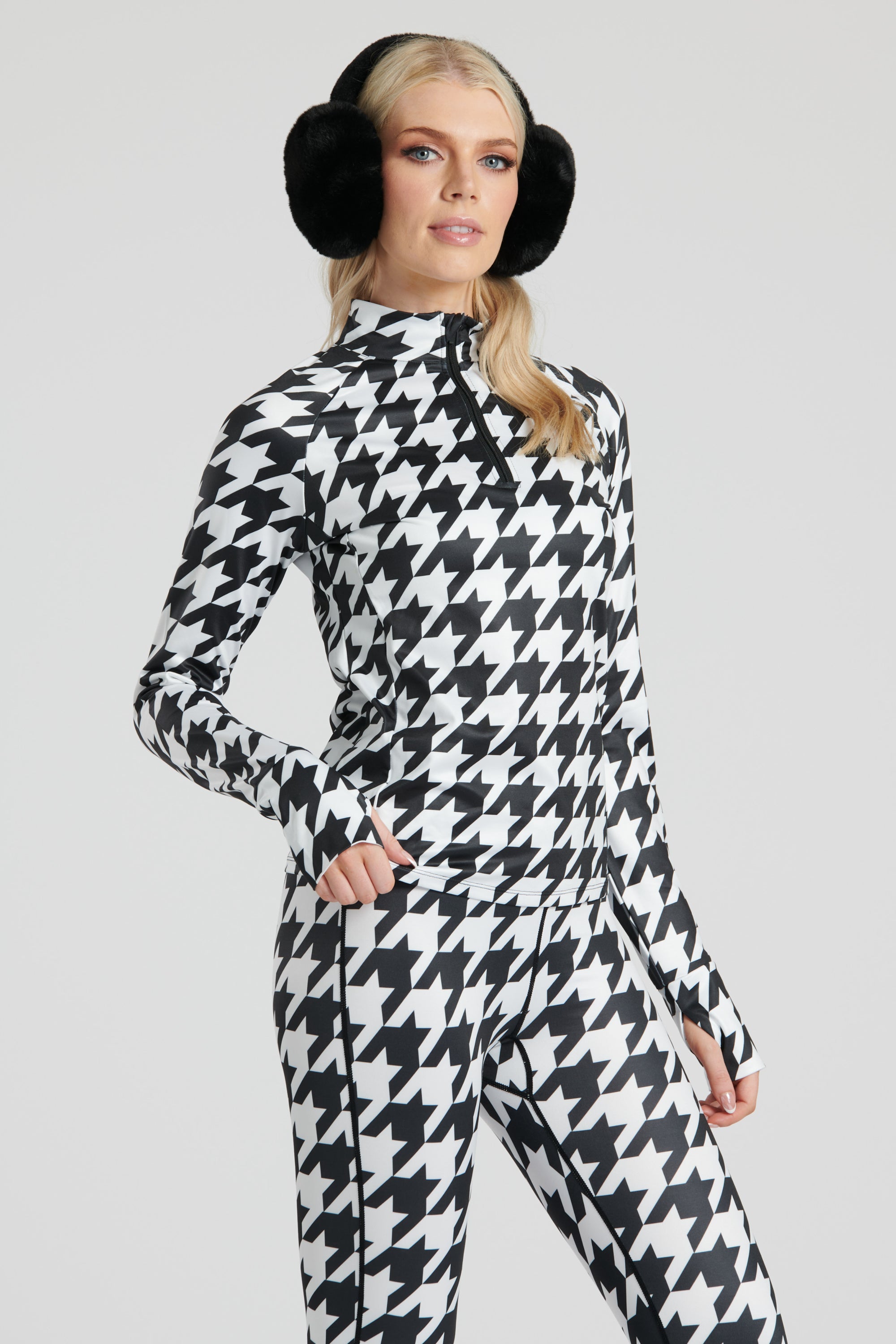 Stush Houndstooth Jumpsuit - Long Sleeve Bodycon