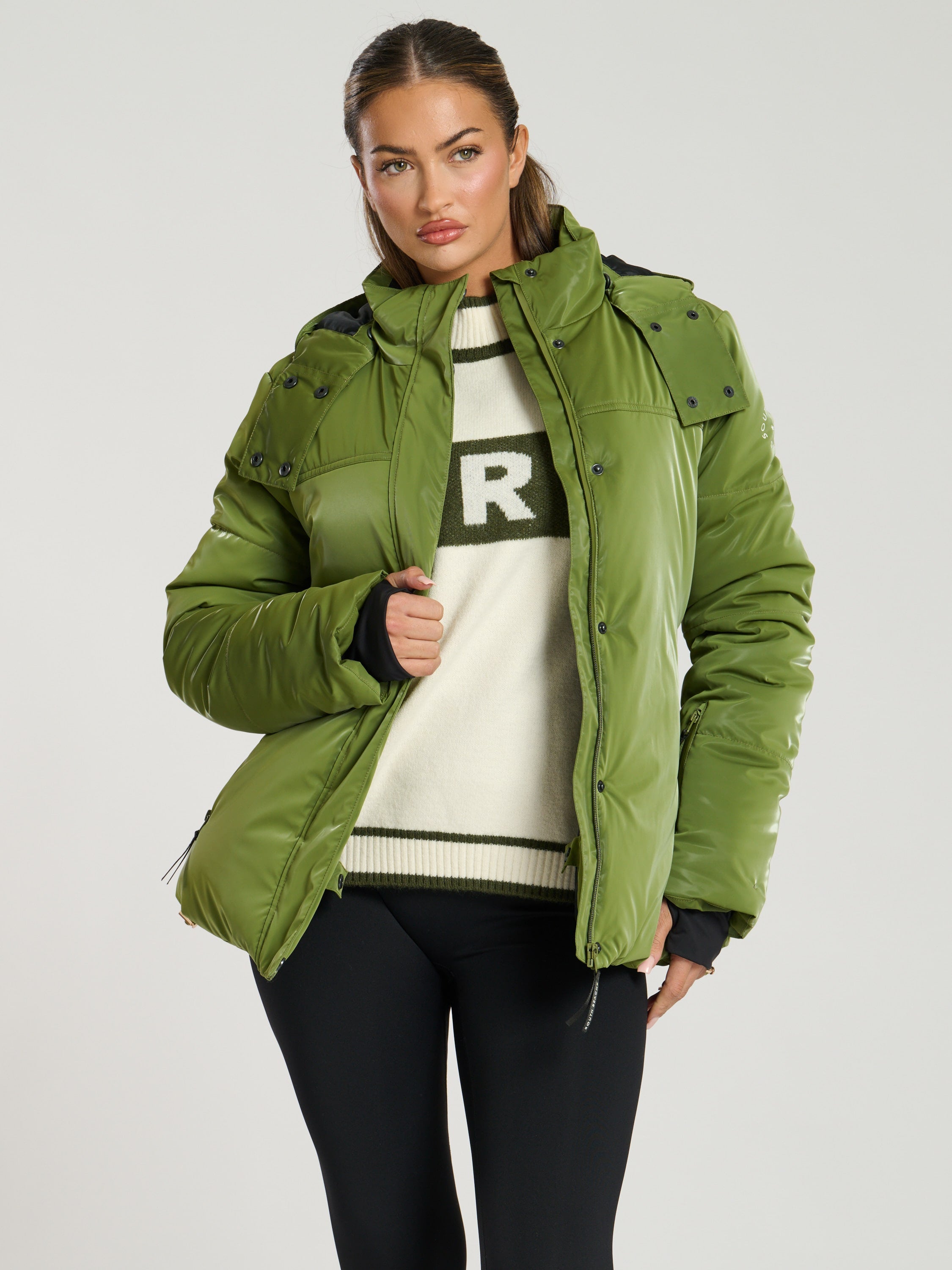 Cloud Padded Jacket with Fur Trim Hood in Olive South Beach