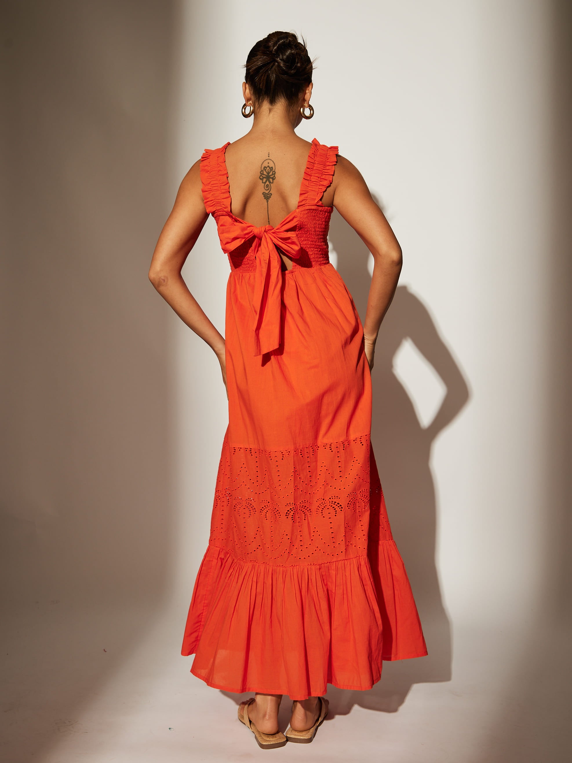 Palm Broderie Tie Back Maxi Dress in tangerine – South Beach