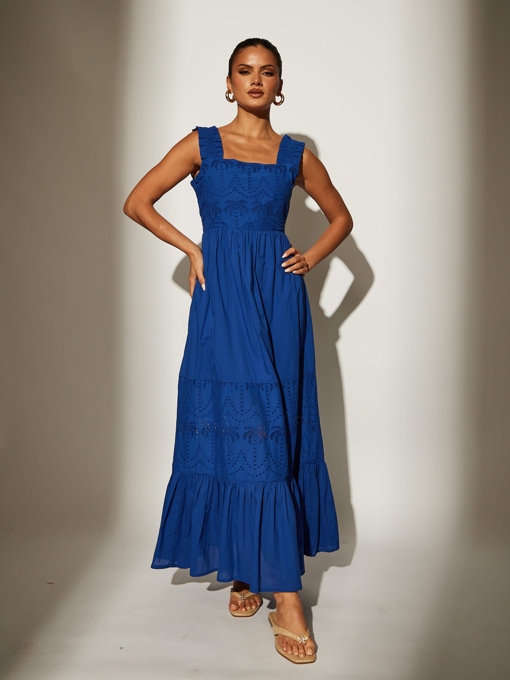 The 'Palm' Broderie Tie Back Maxi Dress in Cobalt Blue – South Beach