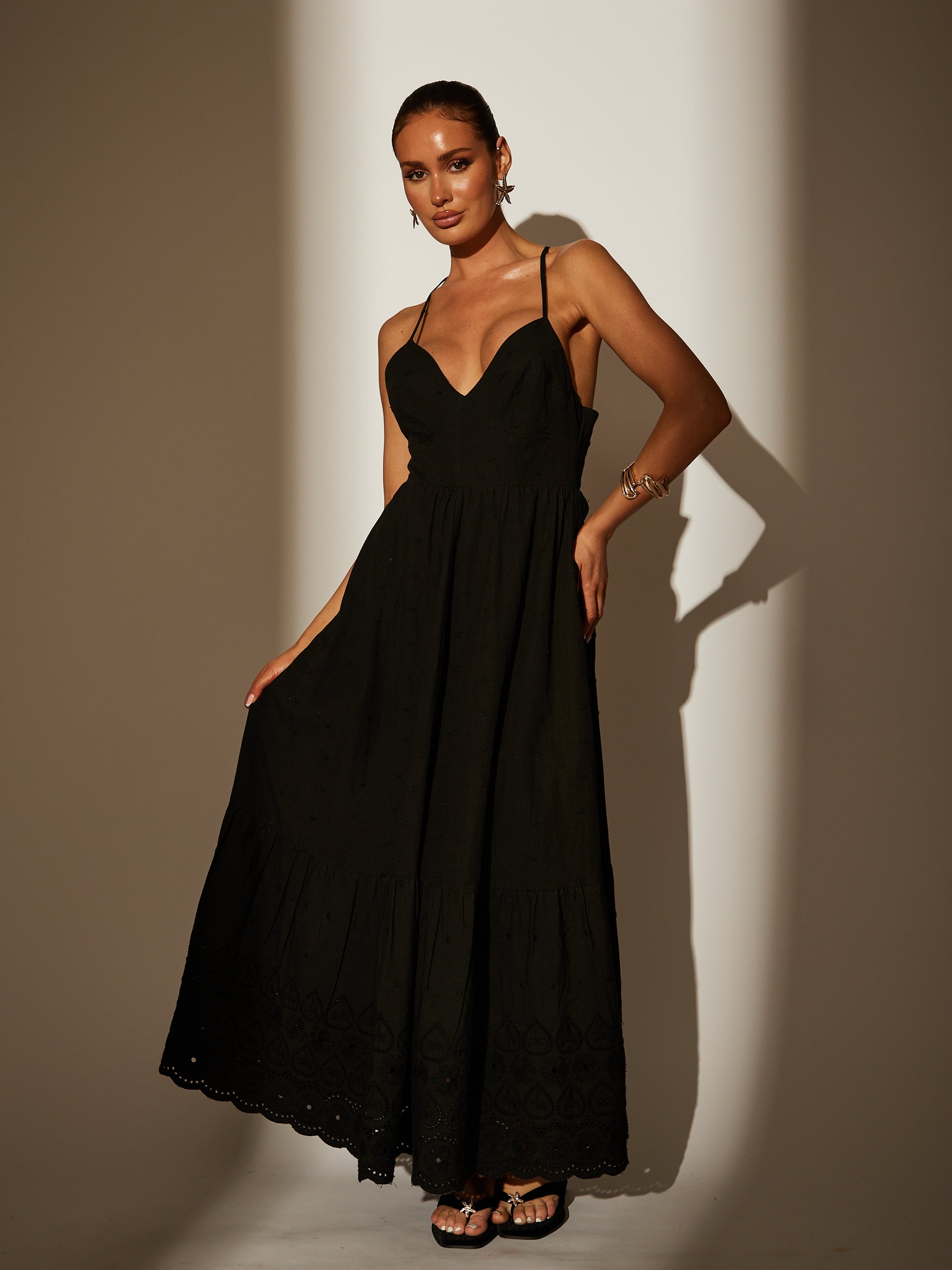 The 'Dobby' Broderie Strappy Back Maxi Dress in Black – South Beach