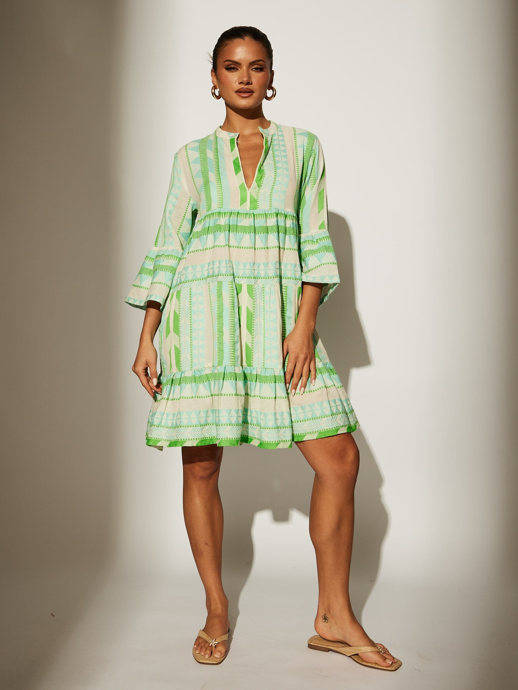 green long homecoming dresses Green Jacquard 3/4 Sleeve Tiered Dress – South Beach