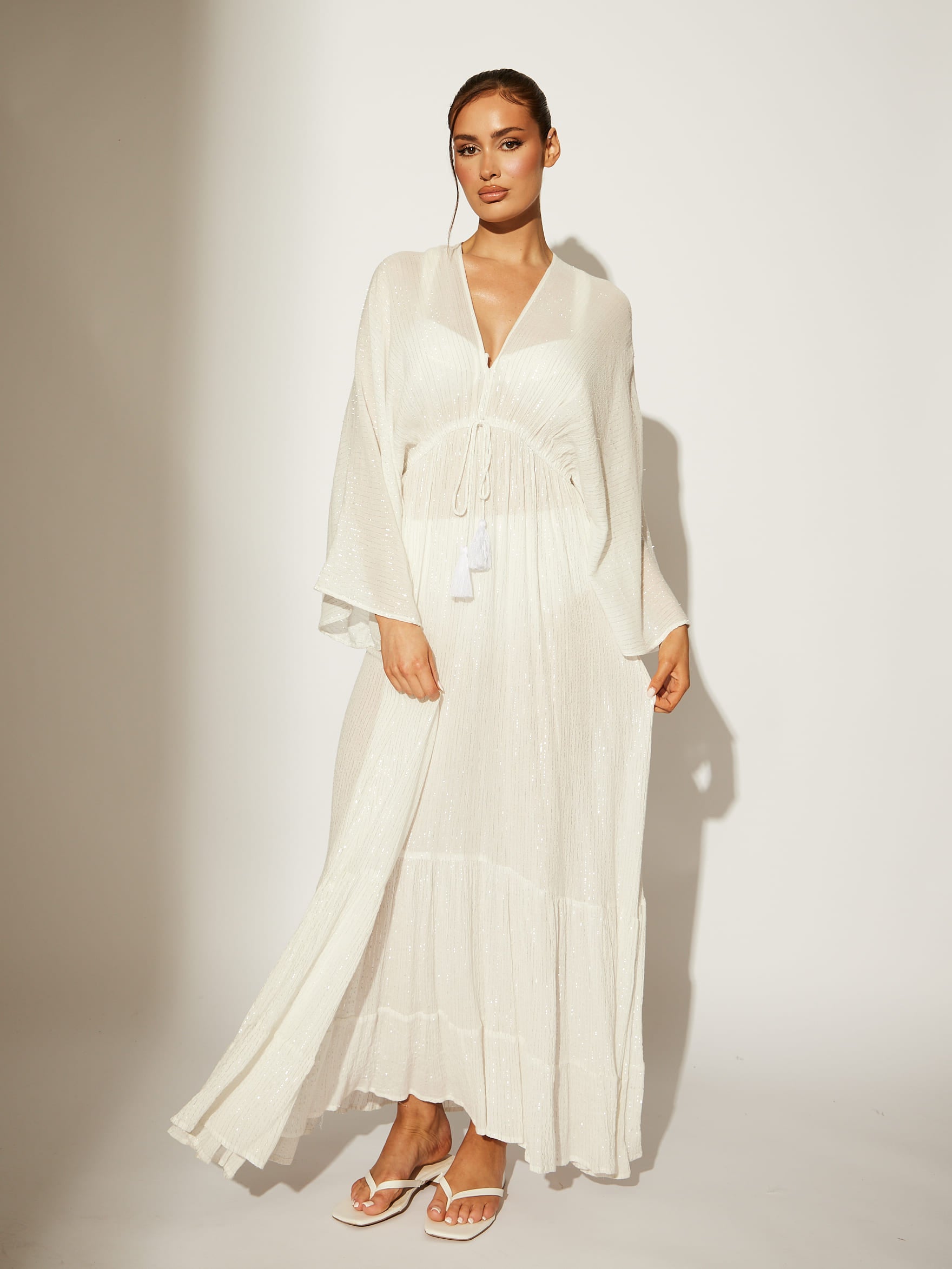 Metallic Kimono Sleeve Beach Maxi Dress in White South Beach Metallic Kimono Sleeve Beach Maxi Dress in White South Beach