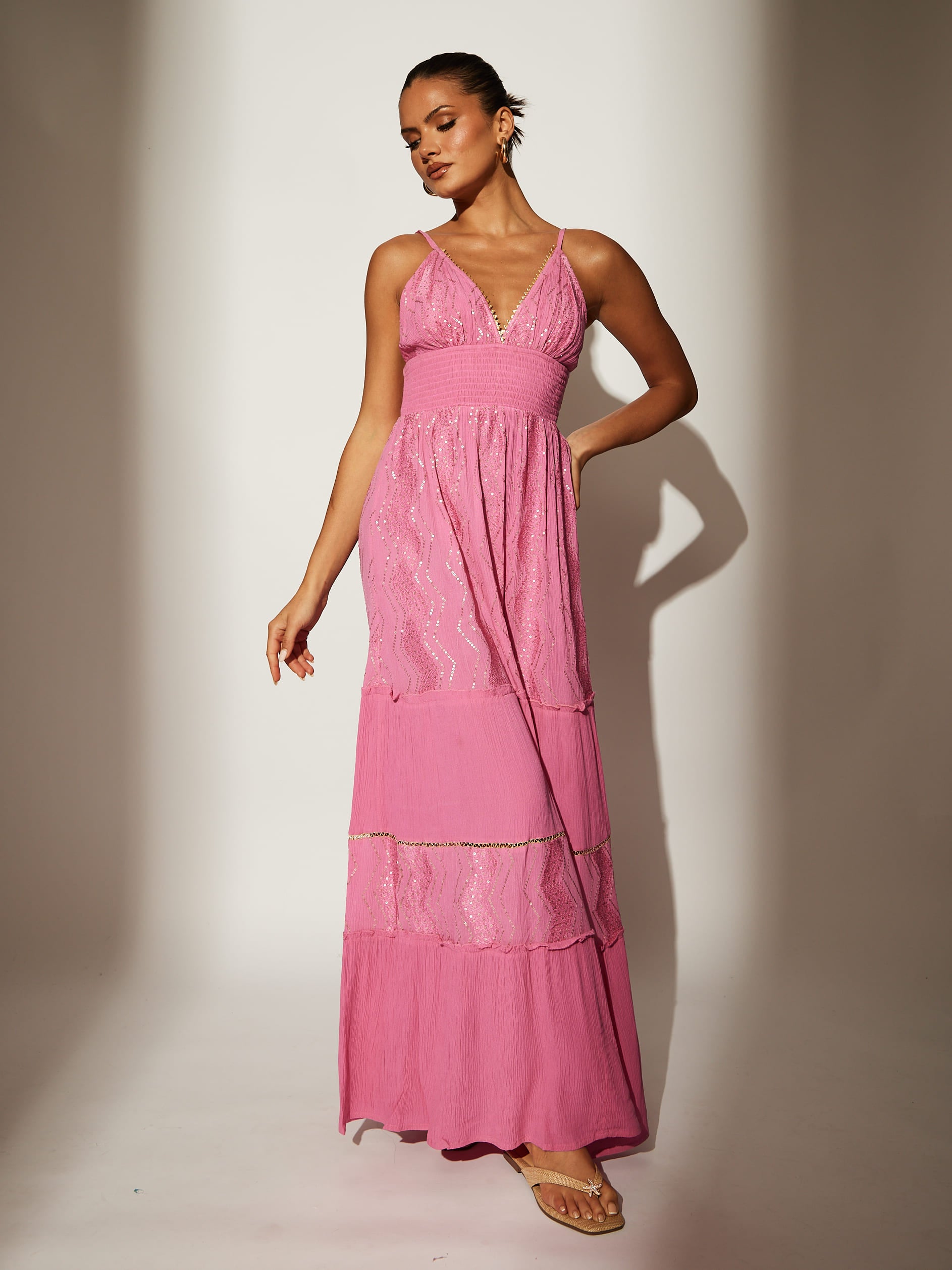 The 'coast' shirred waist strappy maxi dress in pink – South Beach