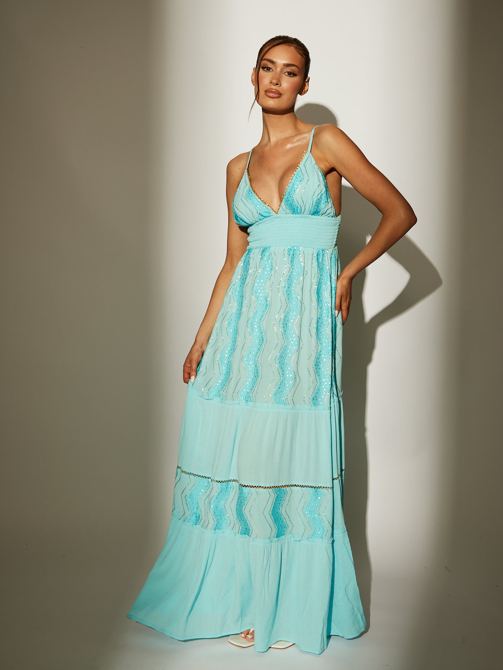Coast shirred waist strappy maxi dress in teal – South Beach