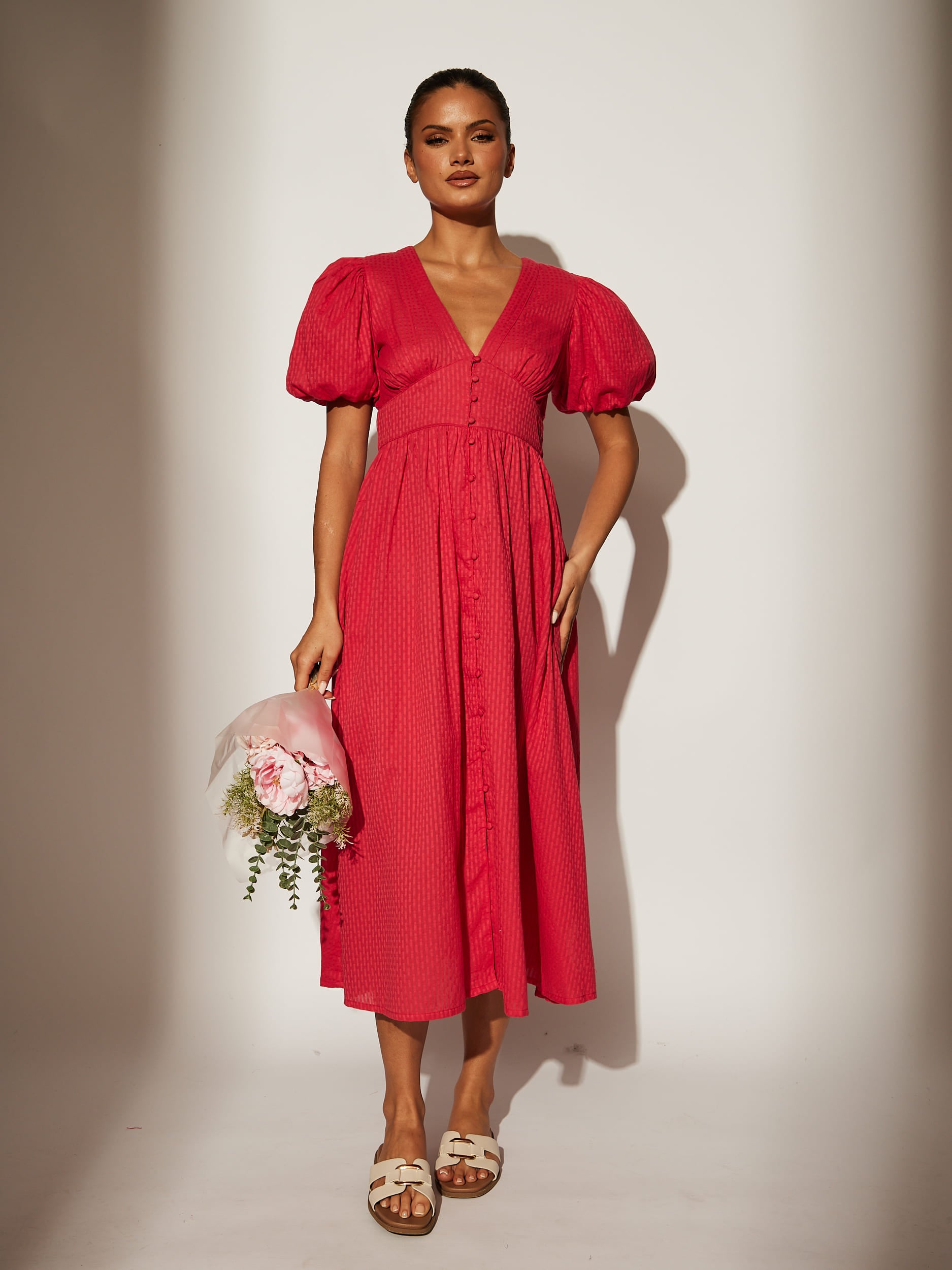 The 'Darling' Puff Sleeve Midi Dress in Pink – South Beach