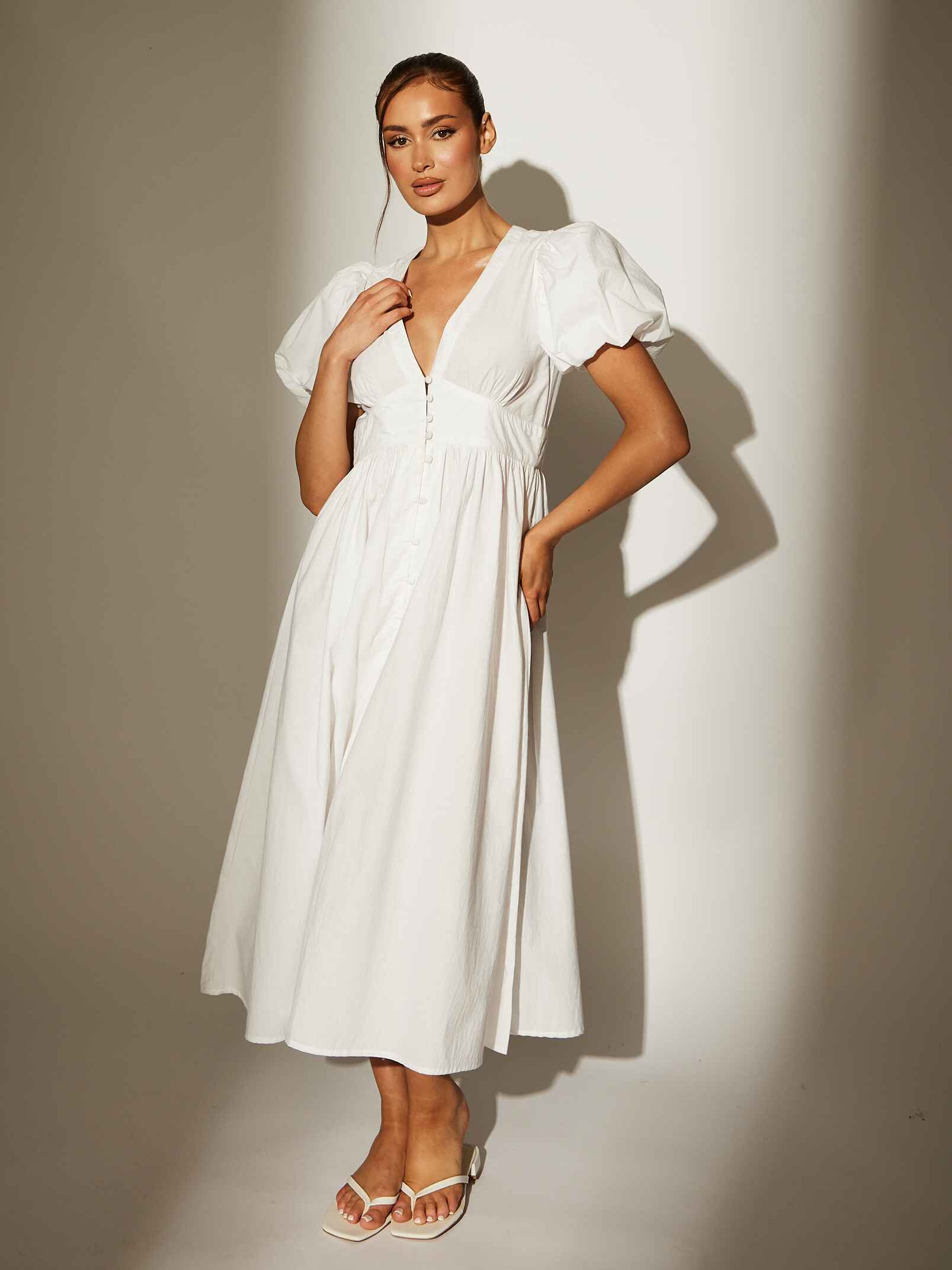 white puff sleeve midi dress Darling Puff Sleeve Midi Dress in White – South Beach