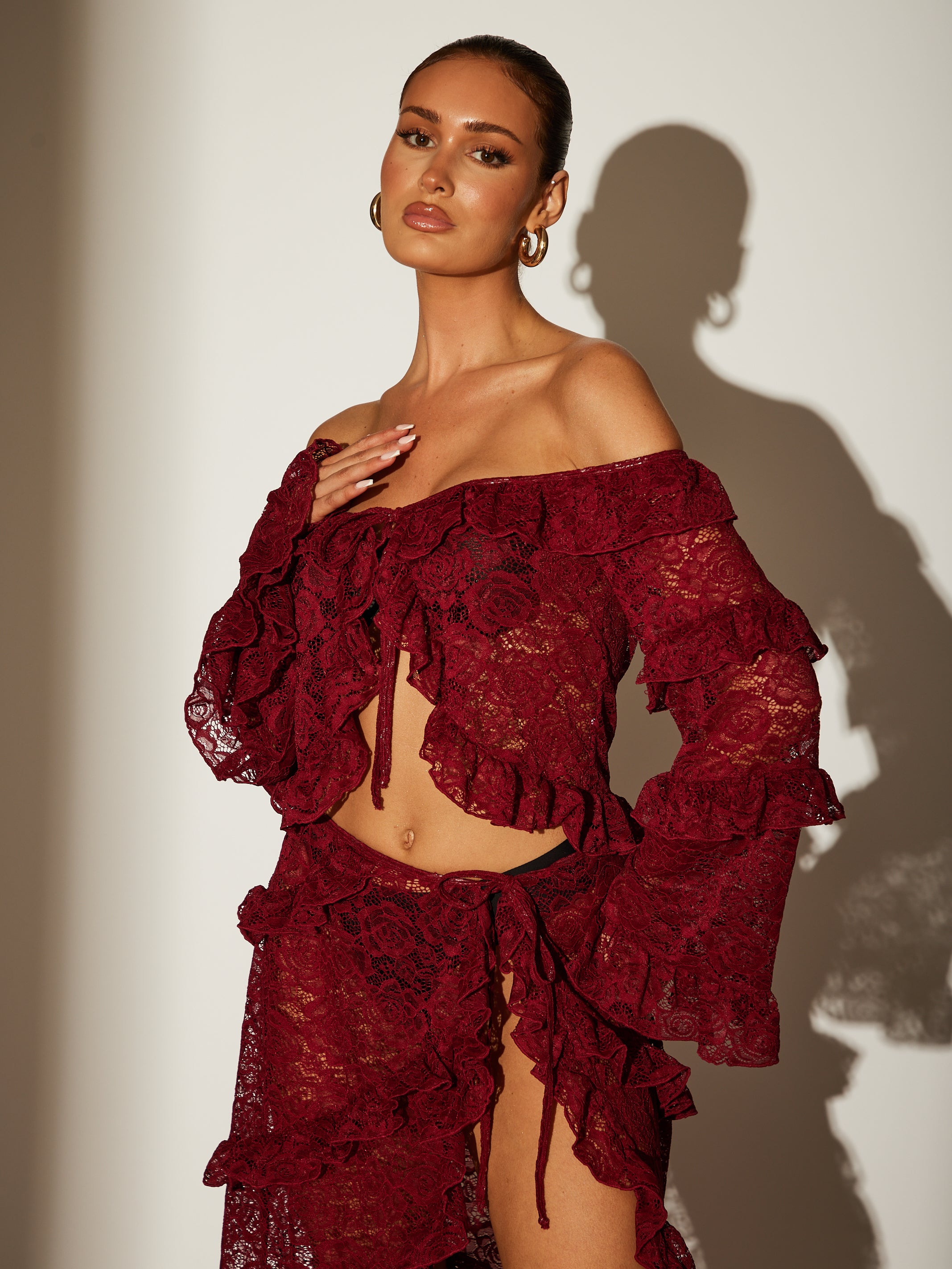 the 'palmas' bardot lace top in cherry – South Beach