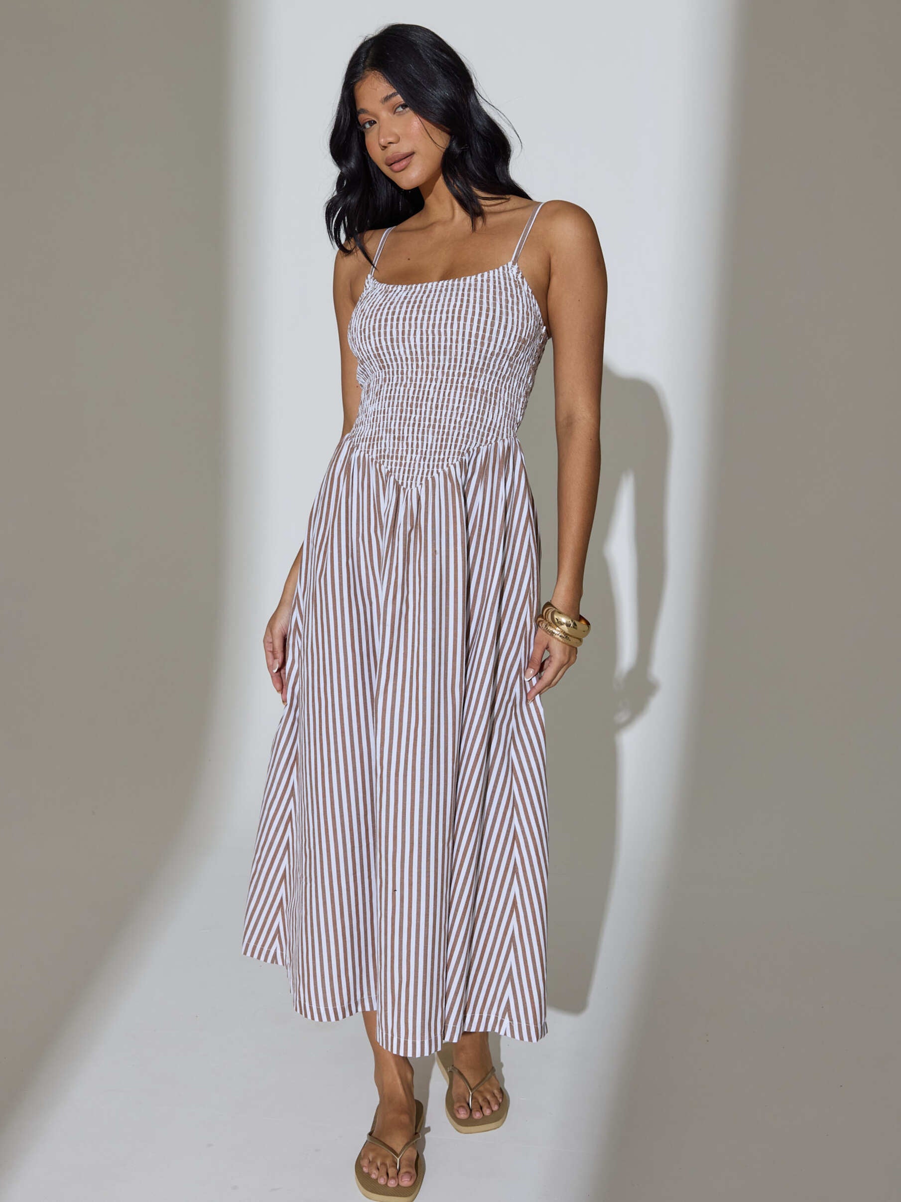 ae sunchaser knit smocked bodice striped midi dress Eden Waist in Brown – South Beach Okinawa prefecture