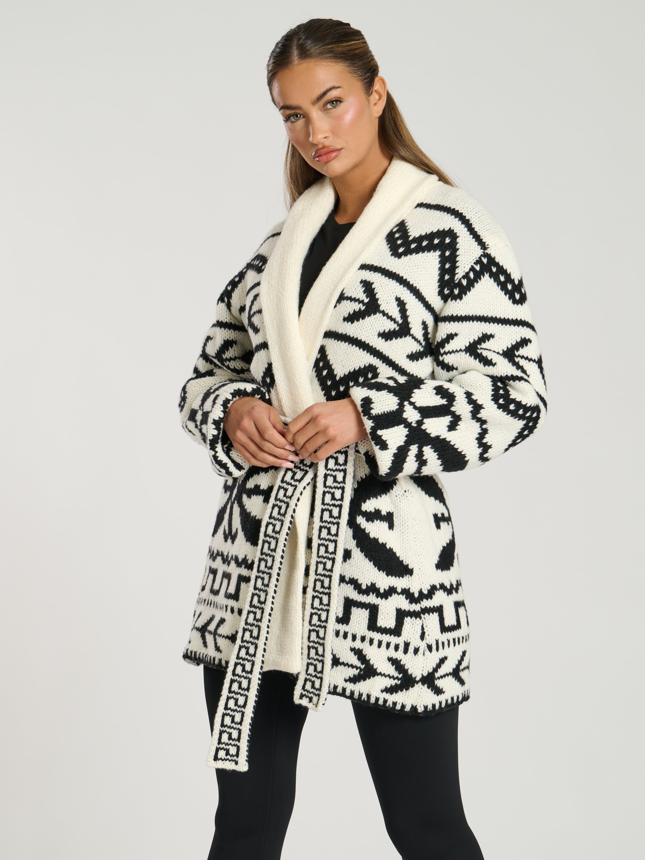 Aztec Jaquard Waist Tie Knit Cardigan – South Beach