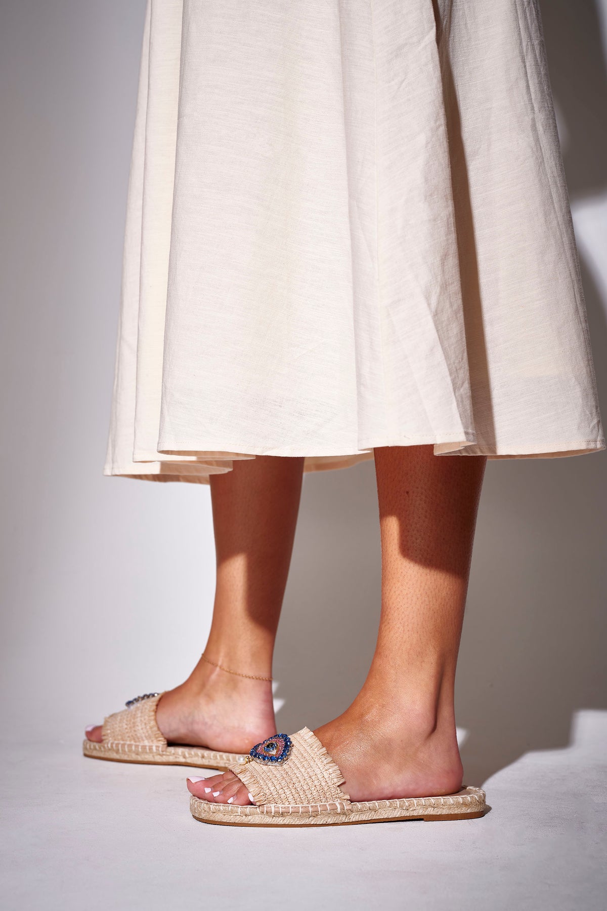 Evil Eye Embellished Woven Sliders in Beige – view 2