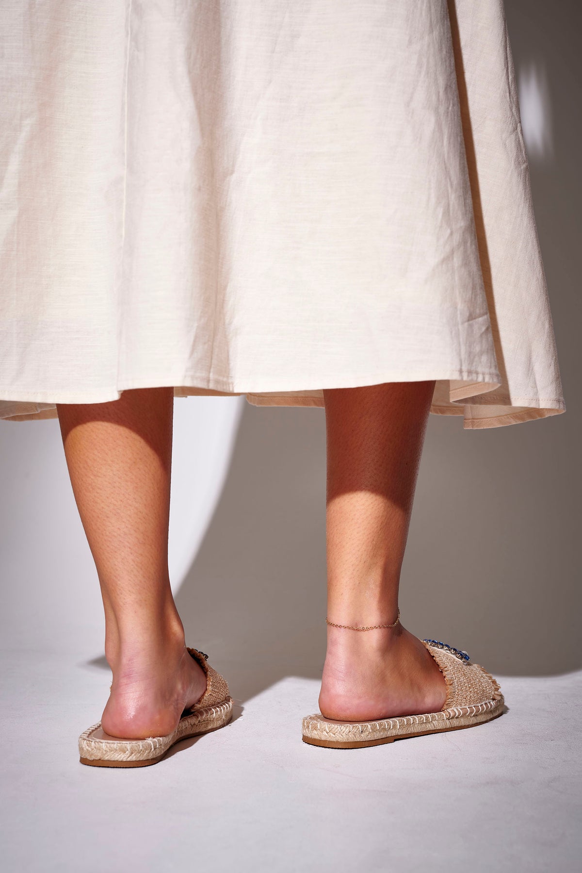 Evil Eye Embellished Woven Sliders in Beige – view 4