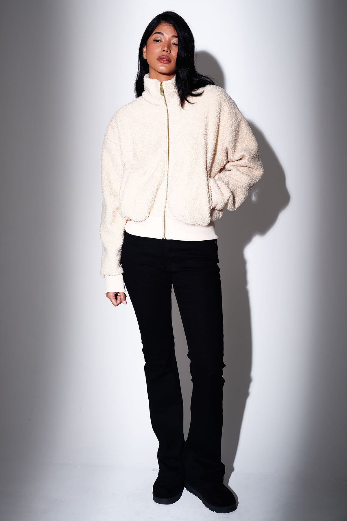 Storm Cropped Teddy Jacket in Cream – view 2
