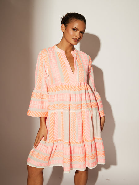 Lulabell Neon Pink Jacquard Tiered Mini Dress – South Beach