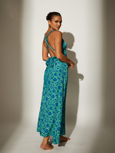 Riviera Sun Summer Dress For Women - Turquoise Floral Tie-Dye Sundress, Smocked Bust, Removable Straps, Size Large