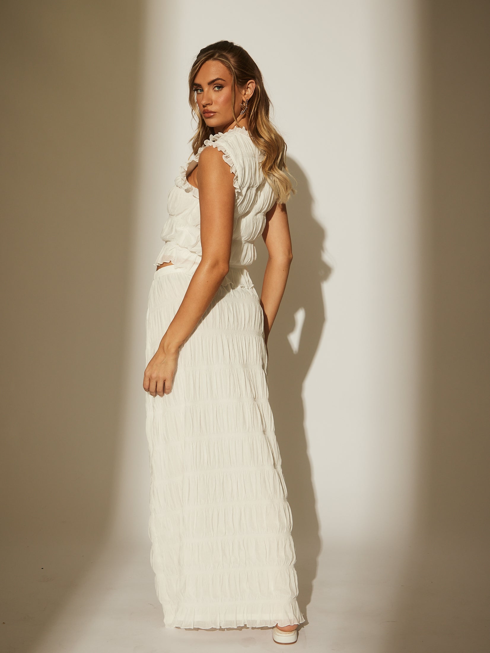 Radiant Ruched Tiered Maxi Beach Skirt in White  South Beach