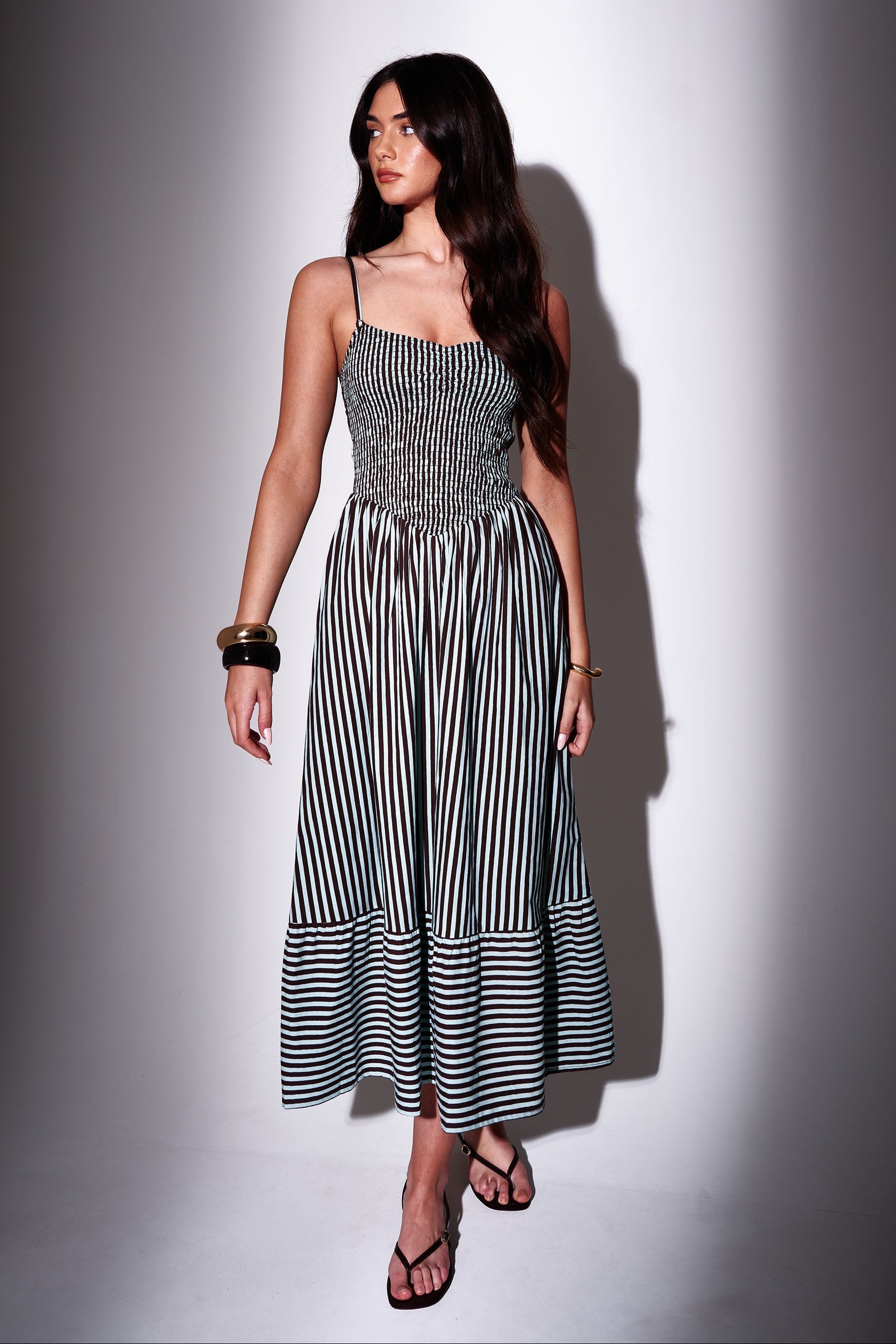 Eden Striped Smocked Waist Maxi Dress in Blue & Chocolate – South Beach