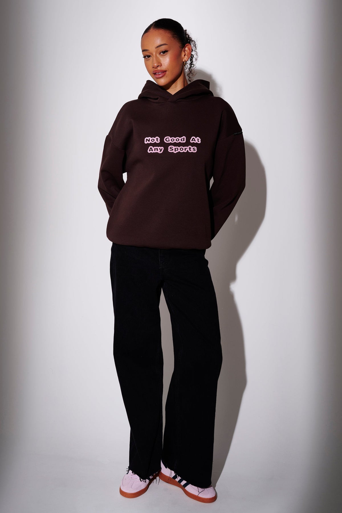 Not Good At Any Sports Graphic Hoodie in Brown & Pink – view 2