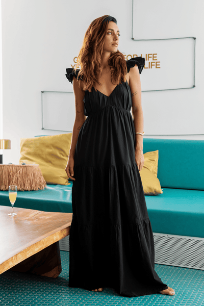 Women's Off The Shoulder Ruffle Maxi Dress - Side Split, Floral Hibiscus Print, Rayon Spandex, Black - View #8