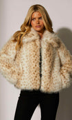 Beige spotted faux fur jacket with collar